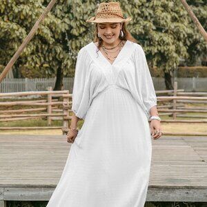Plus Size Swiss Dot V-Neck Three-Quarter Sleeve Dress